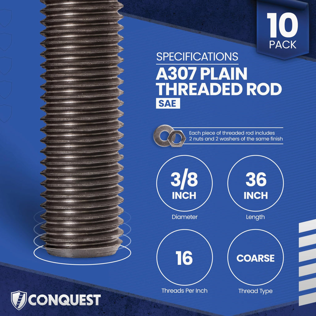 Conquest A307 Unfinished Threaded Rod 3/8"-16 x 36