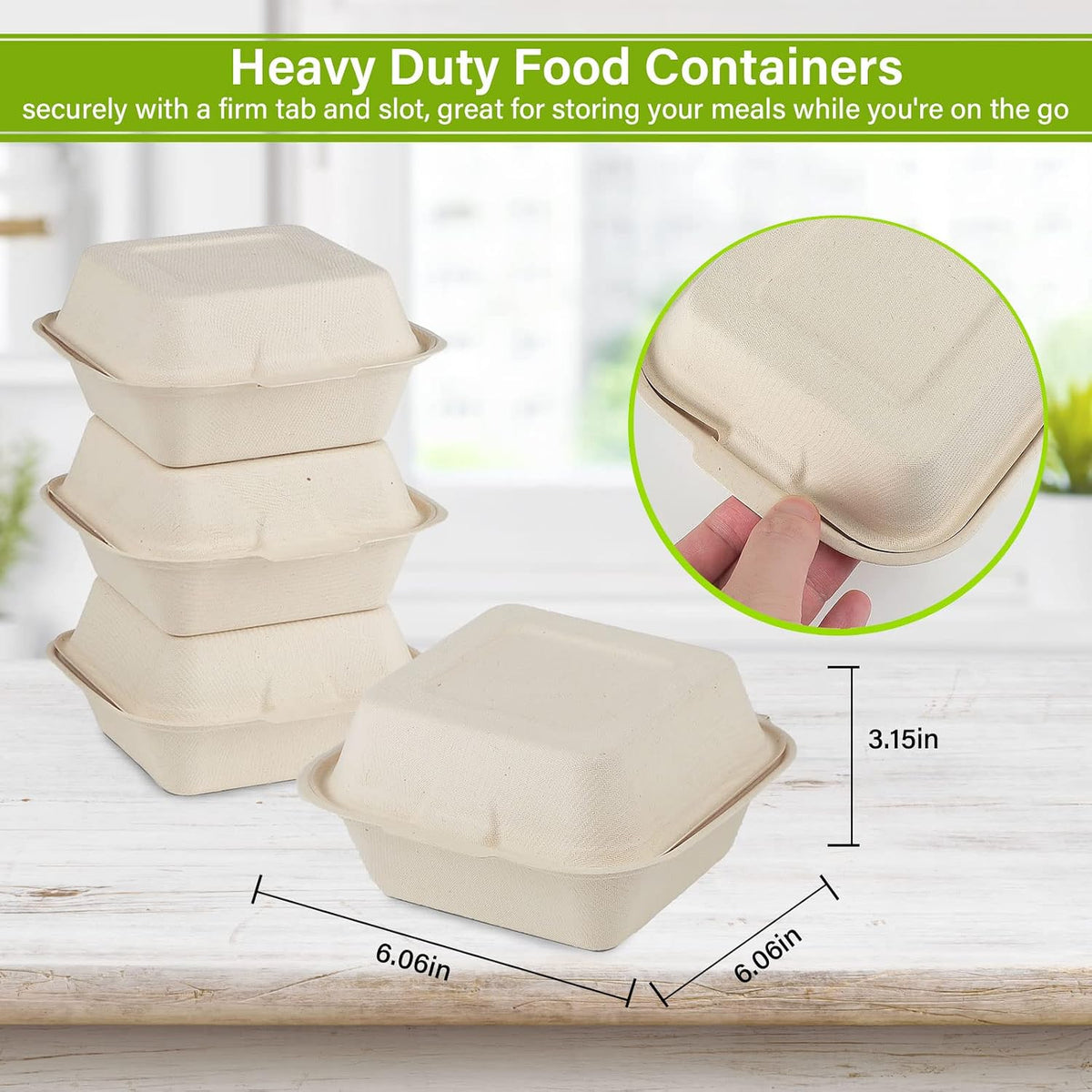 6x6 Compostable Clamshell Food Containers, 100 Pack, Bagasse