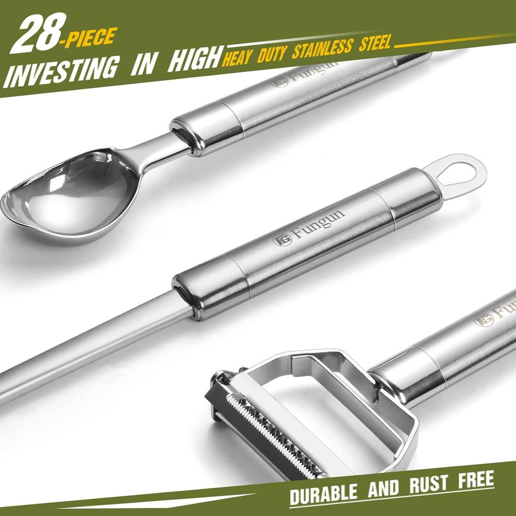 Stainless Steel Kitchen Utensil Set- Fungun 28 Pcs Cooking Nonstick Cookware Set with Spatula - Best Gadgets Tools