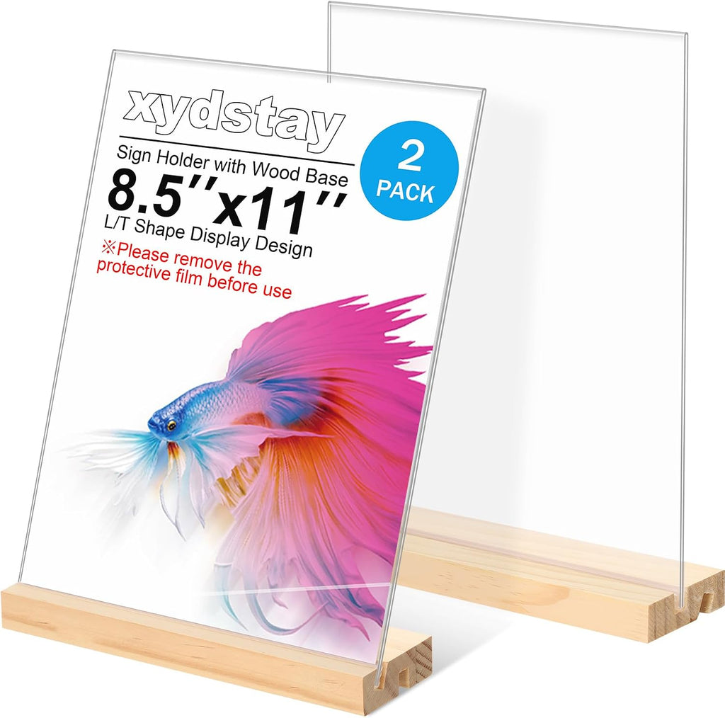 2 pack 8.5x11 Acrylic Sign Holder, L/T Shape with Wood Base | Plastic Flyer Stand Double Slot Design for Vertical or