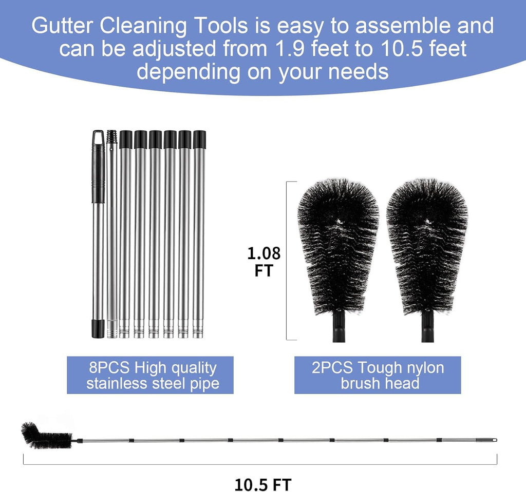 Gutter Cleaning Tools from Ground - 10.5FT Long Adjustable gutter Cleaner & Brush, No Ladder Needed | Rain Gutter