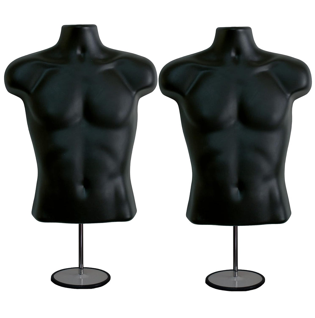 Male Mannequin Torso with Metal Stand, Black (Set of 2) | Hollow back body stackable dress form for t-shirt display