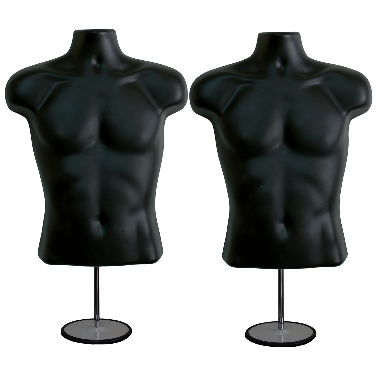 Male Mannequin Torso with Metal Stand, Black (Set of 2) | Hollow back body stackable dress form for t-shirt display