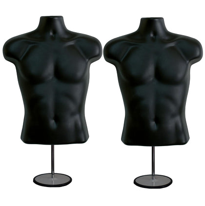 Male Mannequin Torso with Metal Stand, Black (Set of 2) | Hollow back body stackable dress form for t-shirt display