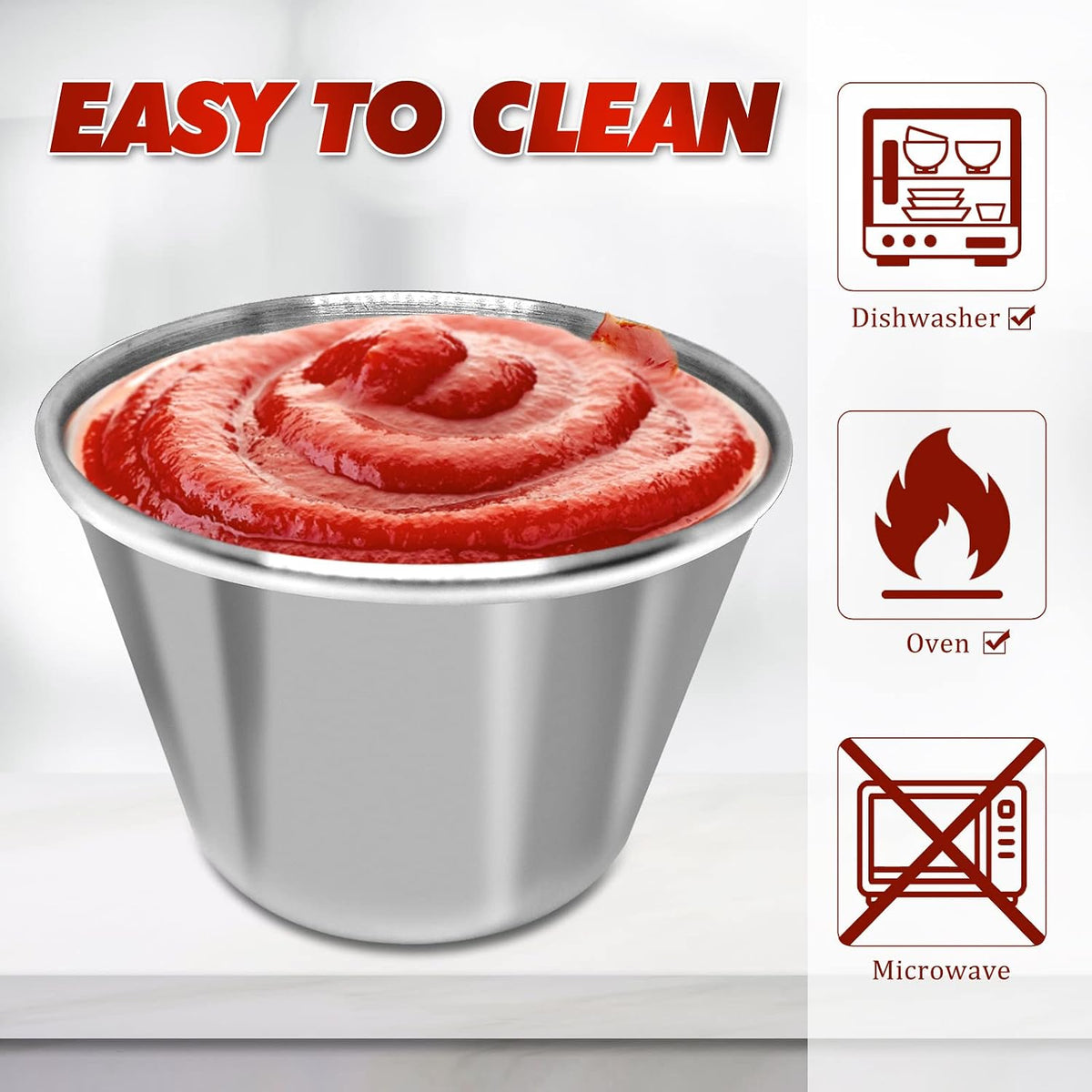 50 Pcs Metal Sauce Cups 2.5oz Ramekins, Stainless Steel Dipping Sauce Cups Metal Condiment Container Reusable Round