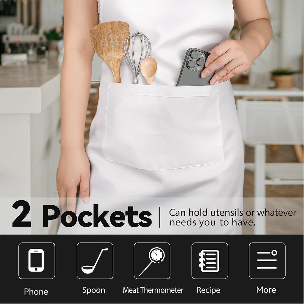 White Chef Hat and Apron, Adjustable Chef Costume Set, Kitchen Cooking Baking Apron with 2 Pockets for Men and Women