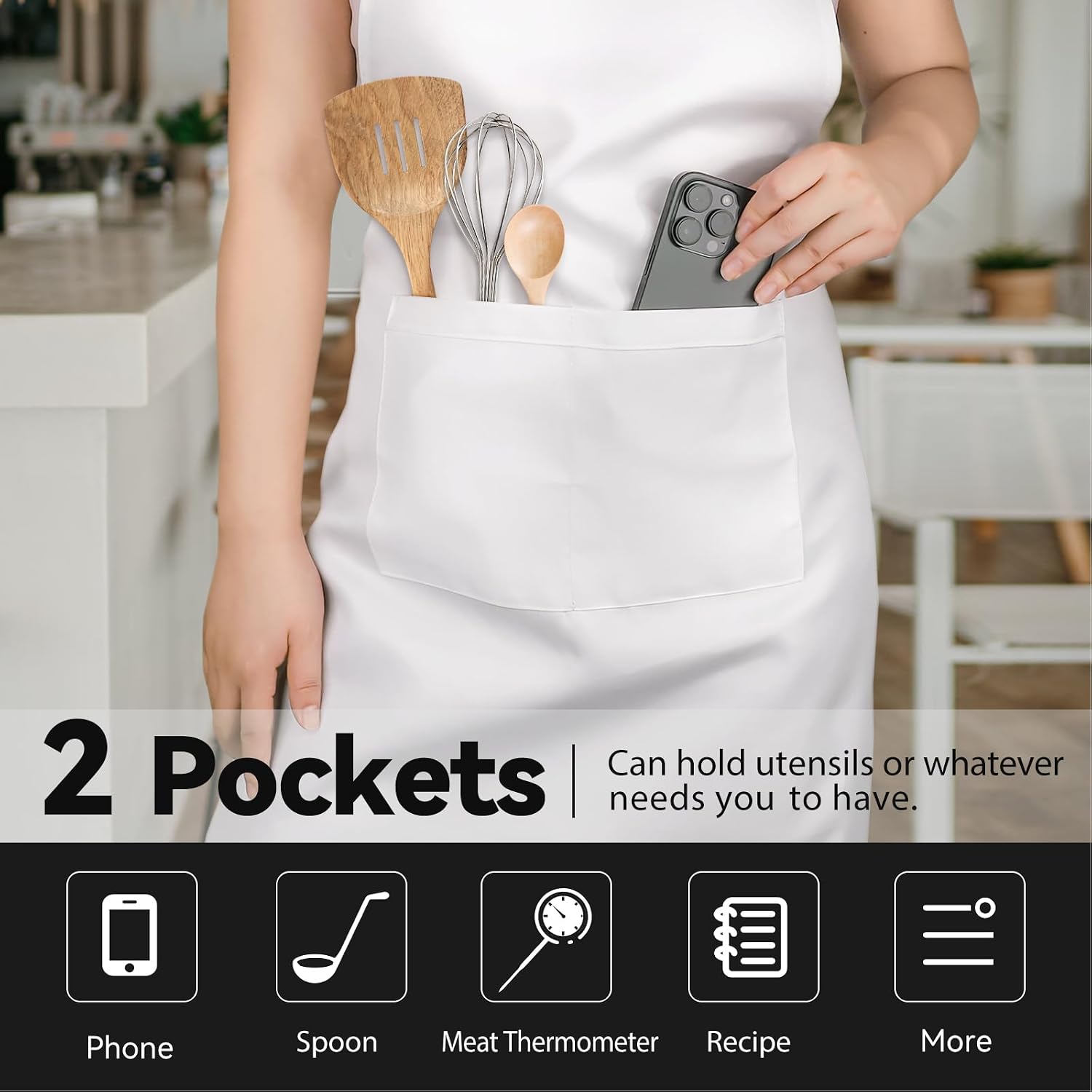 White Chef Hat and Apron, Adjustable Chef Costume Set, Kitchen Cooking Baking Apron with 2 Pockets for Men and Women