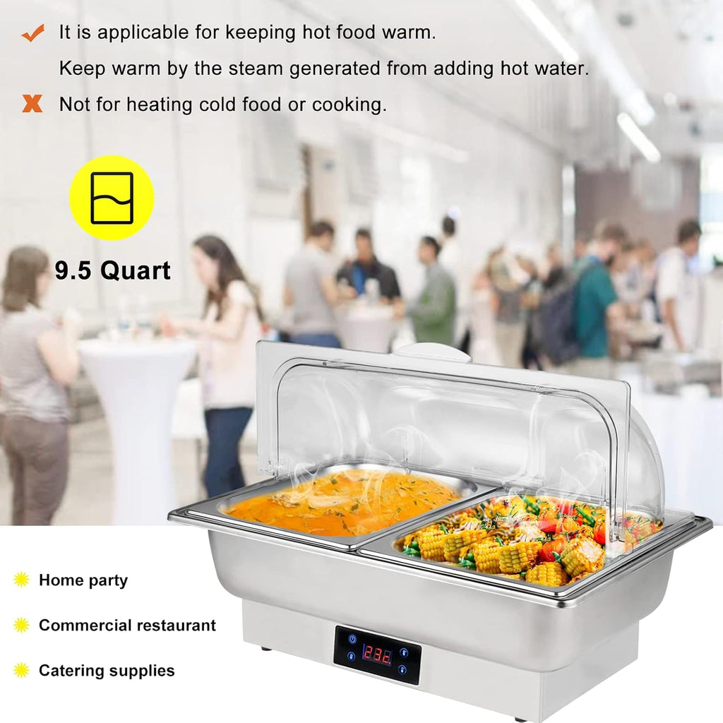 Electric Chafing Dishes for Buffet 9.5Qt Food Warmer for Party | 2 Serving Trays & Tong, Clear Roll-Top Cover