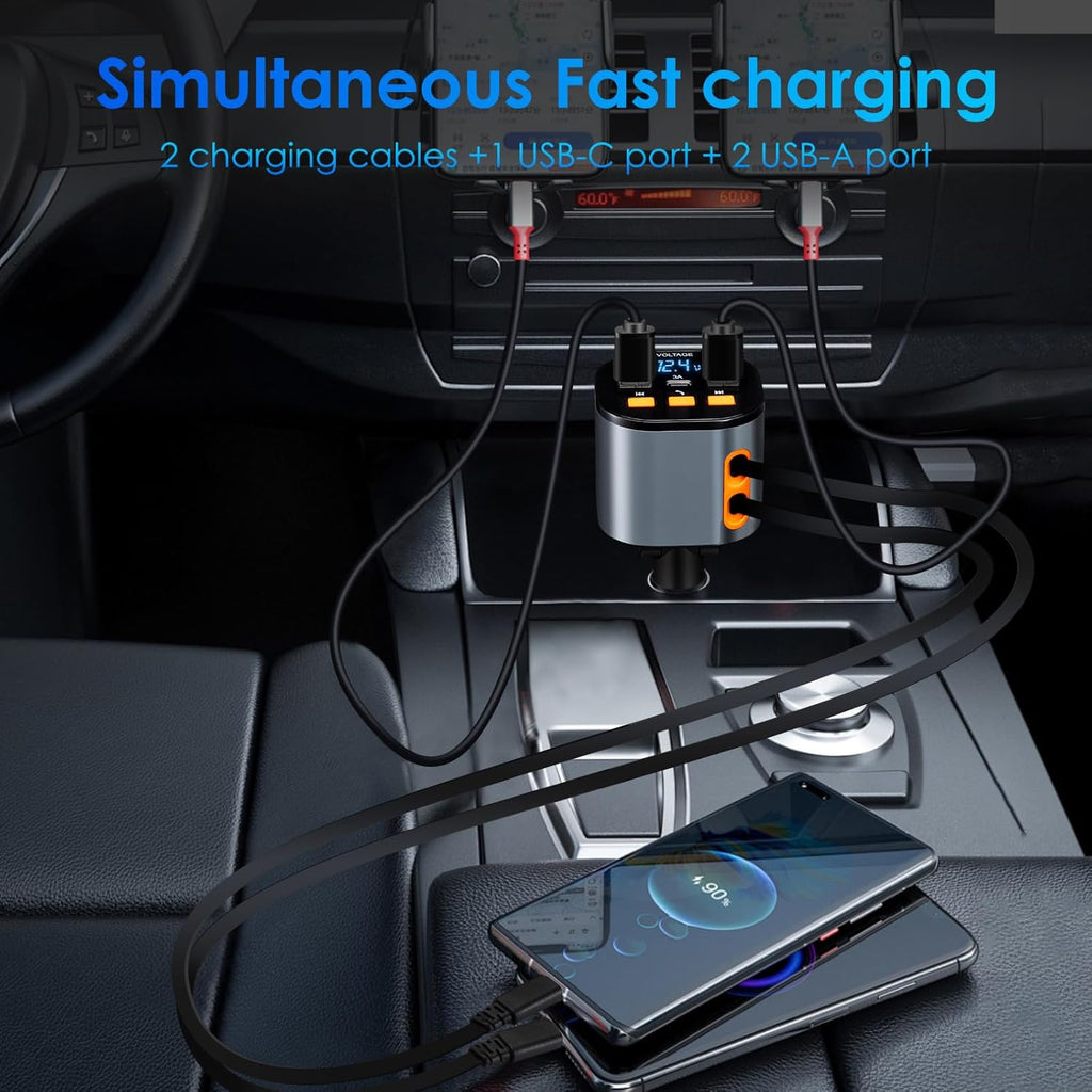 Retractable Car Charger,5 in 1 Fast Cars Phone Charger 90W,Bluetooth 5.3 FM Transmitter Adapter,Handsfree Call,2