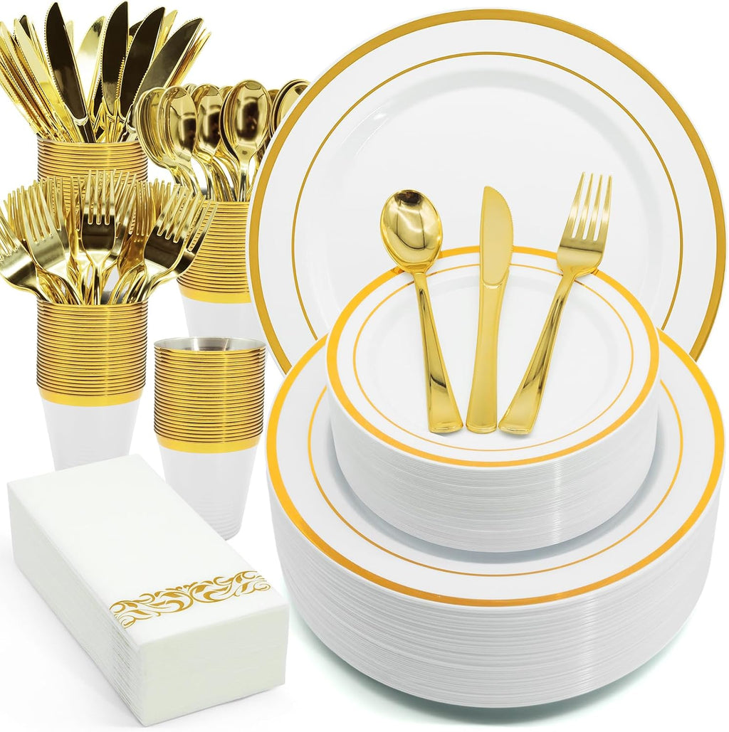 Gold White Plastic Plates Set, 175PCS Disposable Dinnerware for 25