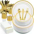Gold White Plastic Plates Set, 175PCS Disposable Dinnerware for 25