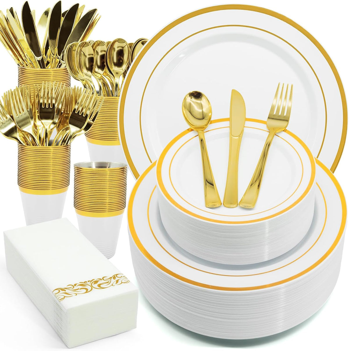Gold White Plastic Plates Set, 175PCS Disposable Dinnerware for 25