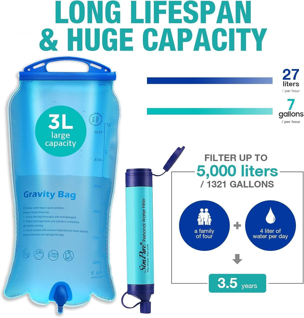 Portable Gravity-Fed Water Filter with 3L Bag | Gravity Water Purifier with Tree Strap, BPA Free Survival Gear and