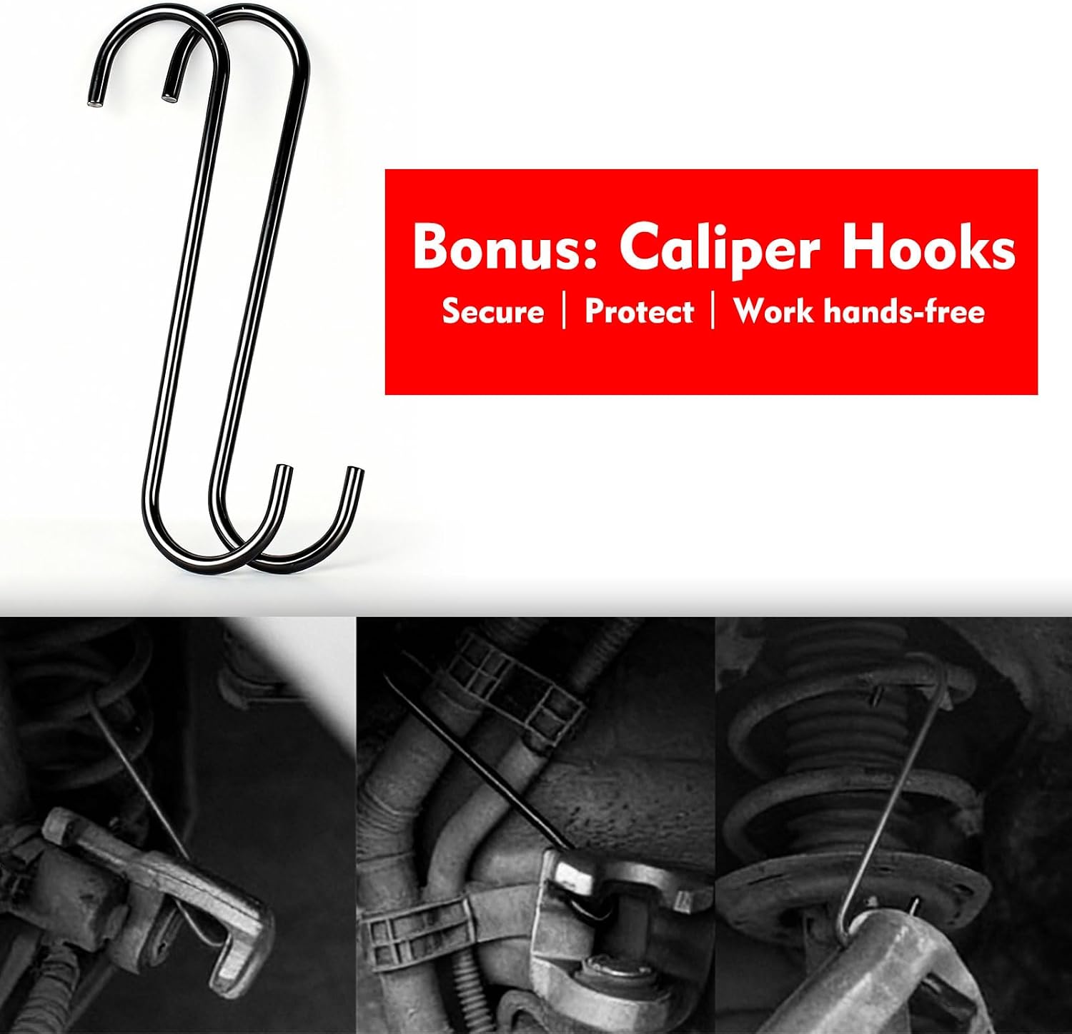 Brake Caliper Compression Tool, 360° Ratcheting Piston Compressor, 2 Steel Plates, 2 Hooks