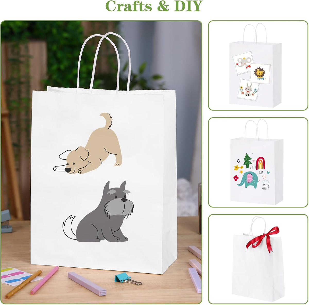 100pcs 10x5x13 White Paper Bags with Handles Large Paper Gift Bags