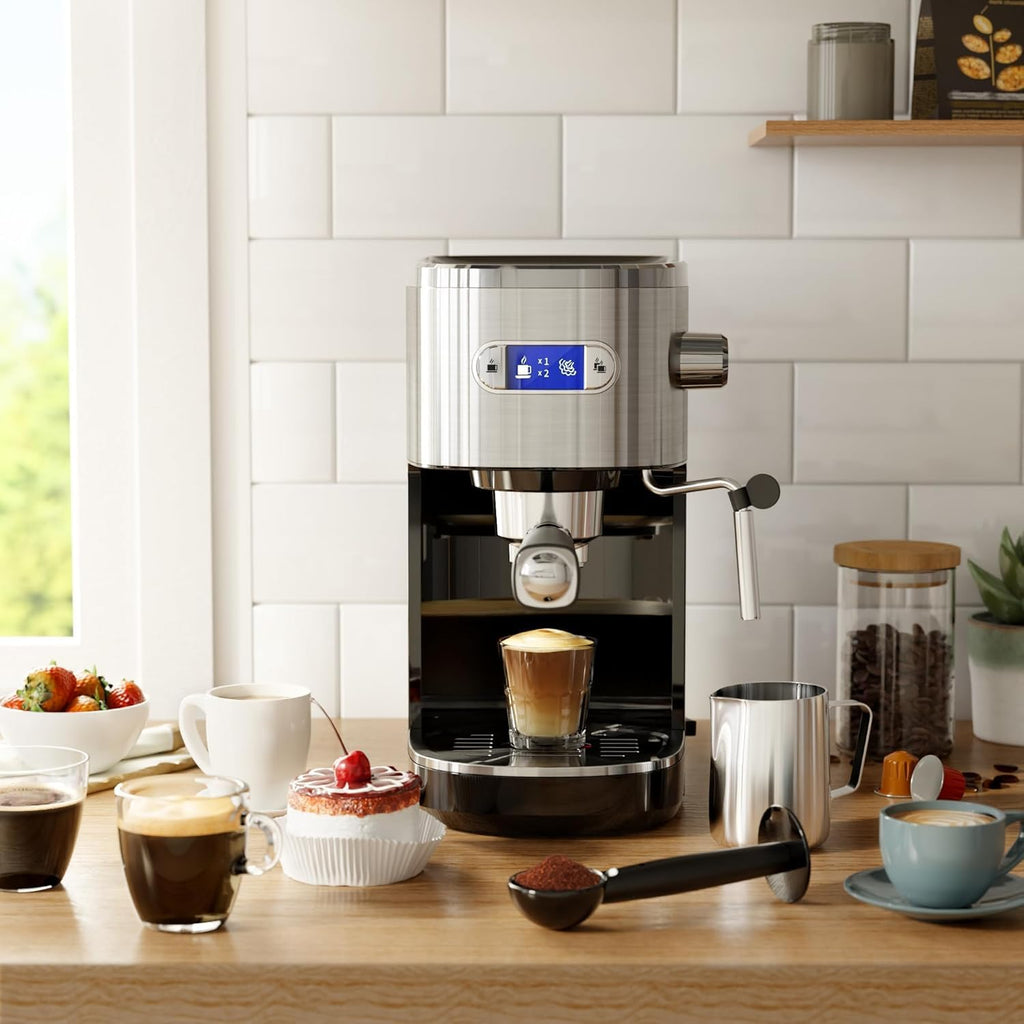 Stainless Steel 20 Bar Espresso Machine for Home Latte Cappuccino | 25s Heat-Up, Preset Single & Double Espresso