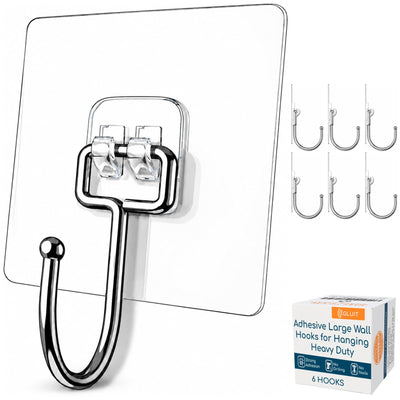 Adhesive Large Wall Hooks for Hanging Heavy Duty No Drill, 22 lbs, 6 pcs