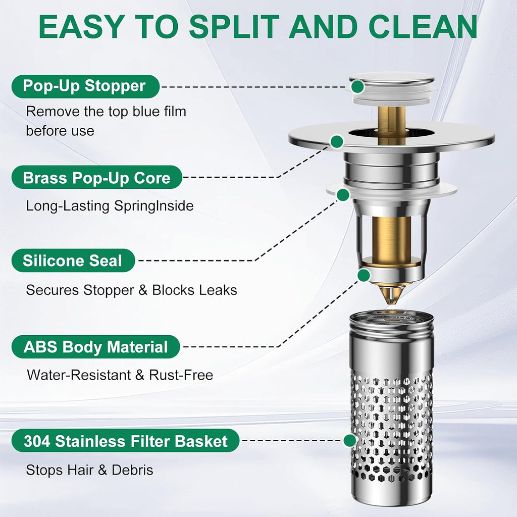 Bathroom Sink Drain Strainer,Universal Pop-Up Sink Stopper Hair Catcher, Anti-Clog Stainless Steel Drain Filter