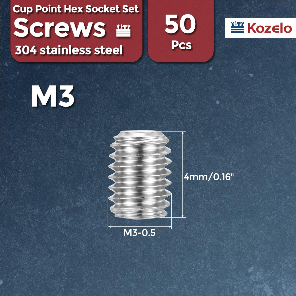 Kozelo 50pcs Cup Point Hex Socket Set Screws-M3-0.5x4mm 304 SS