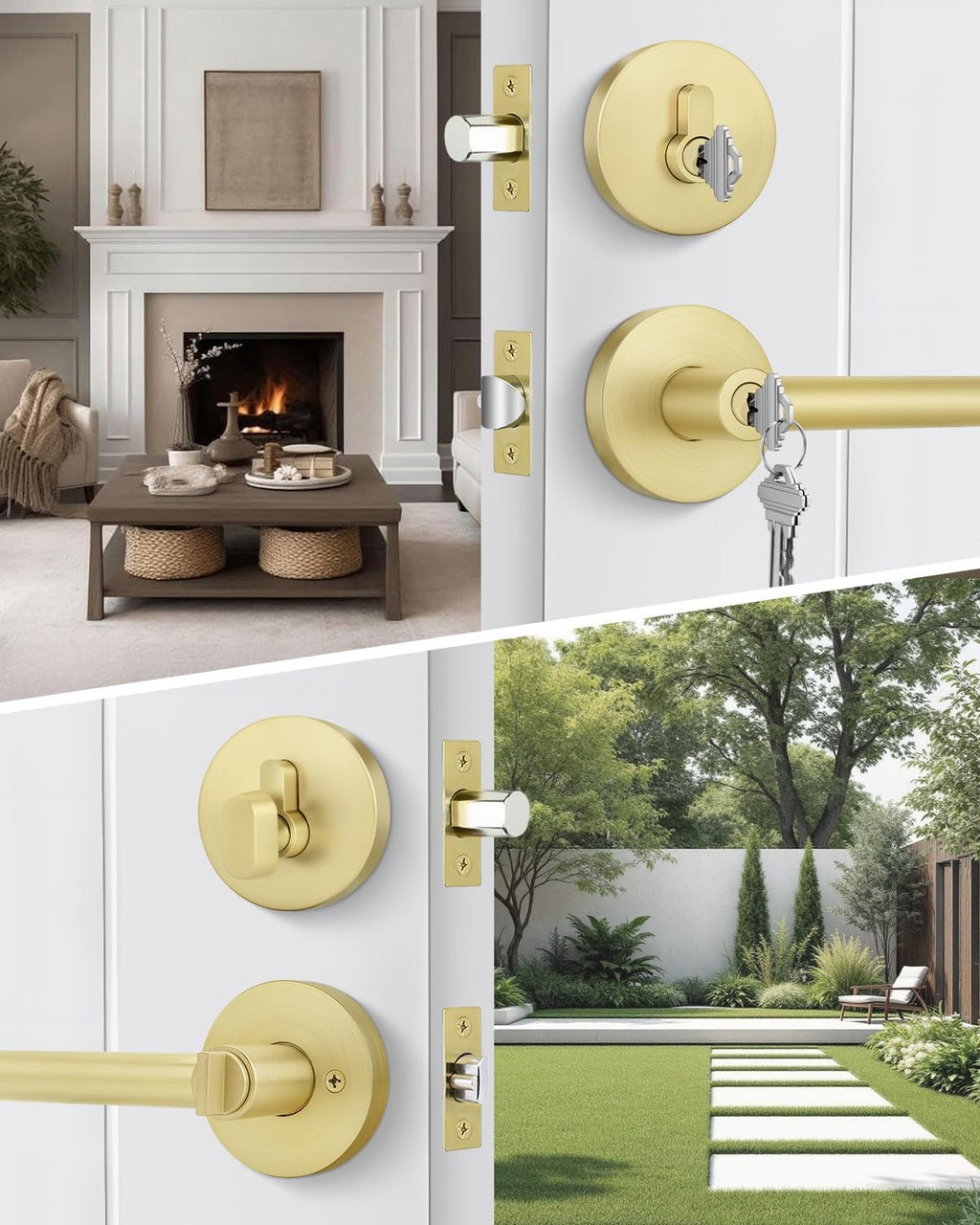 Exterior Deadbolt and Keyed Entry Door Handle Set, Heavy Duty Zinc Alloy Gold Door Lever, Key Entry Front Brushed