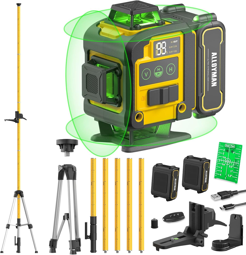 4x360°Self Leveling Laser Level, 12 Ft./3.7M Professional Laser Level Pole with Tripod, Green Line Lazer Leveler Tool