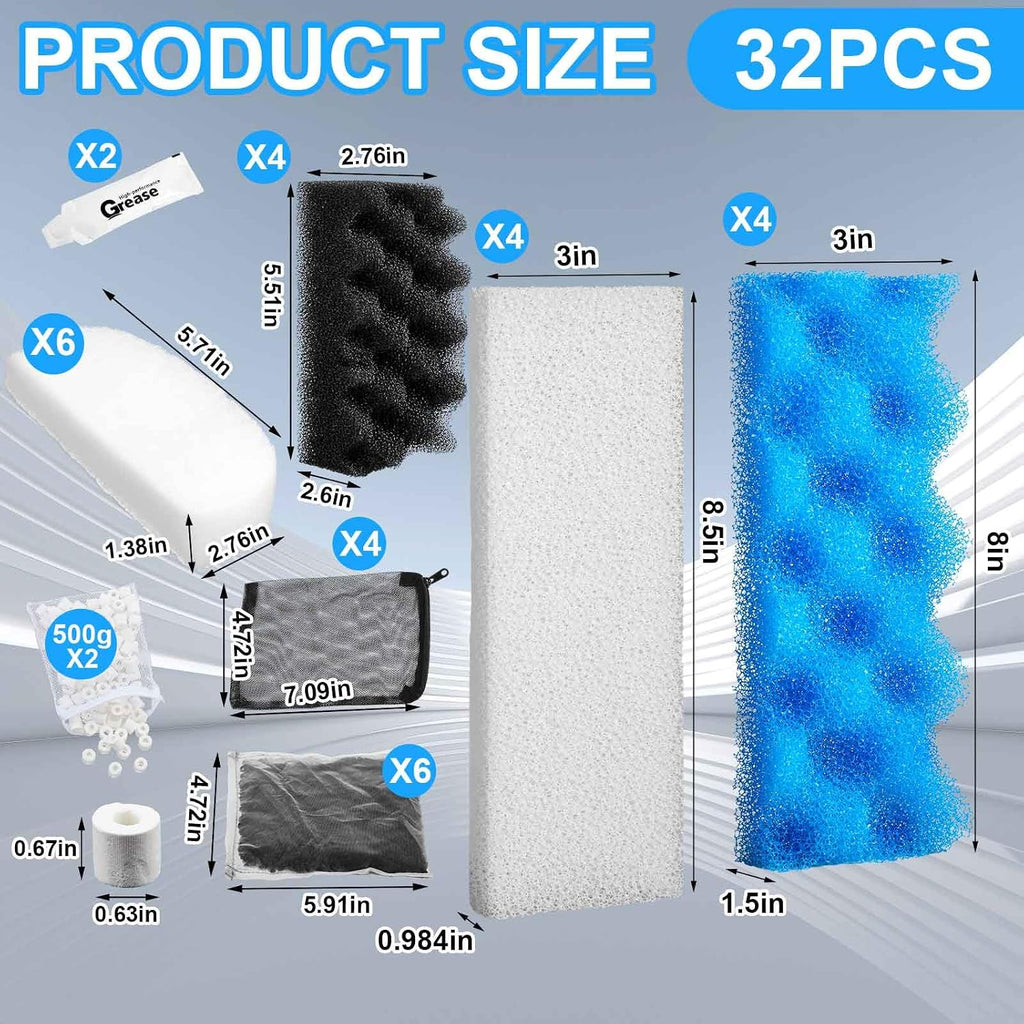 32 Pcs Aquarium Media Kit Compatible with Fluval 206/207 Canister Filter, Including Foam Pad, Water Polishing Pad