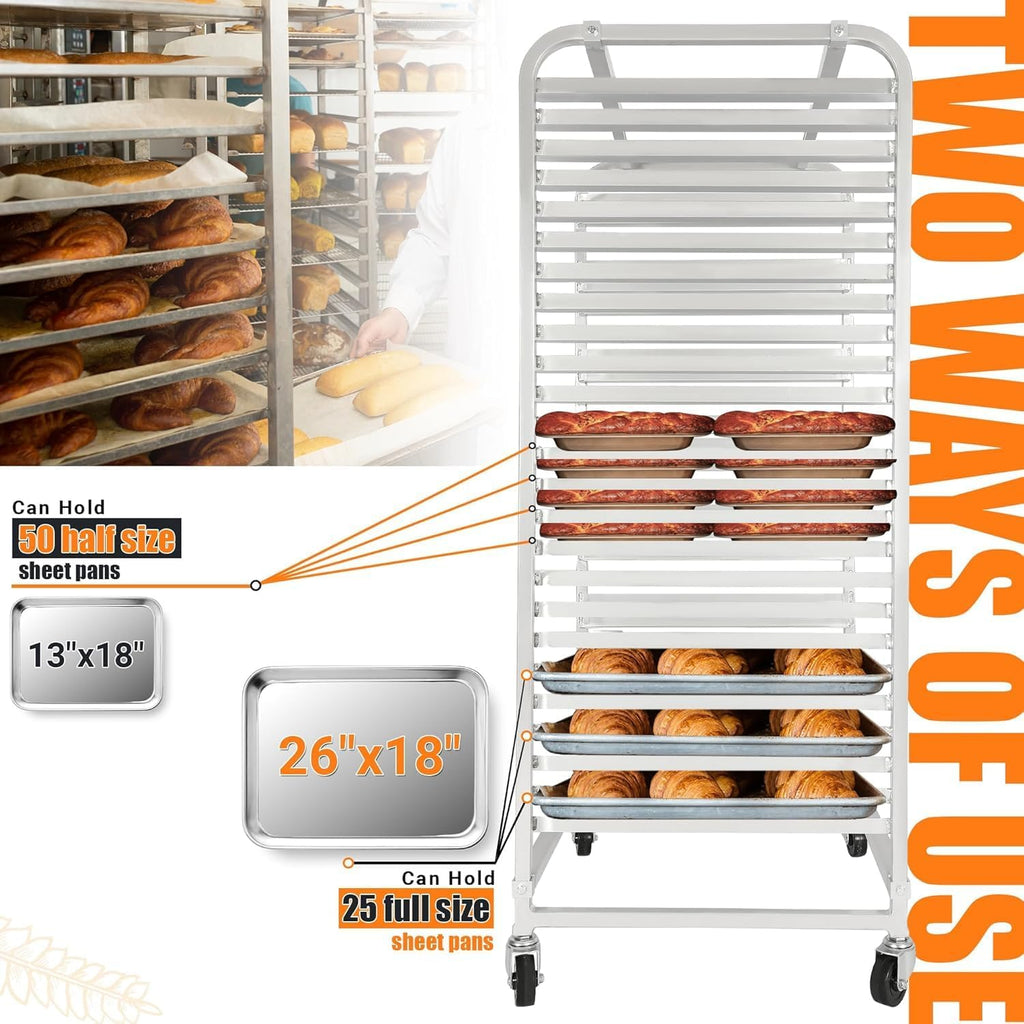 Adjustable Bun Pan Rack 25 Tier with Brake Wheels, Bakery Sheet Rack