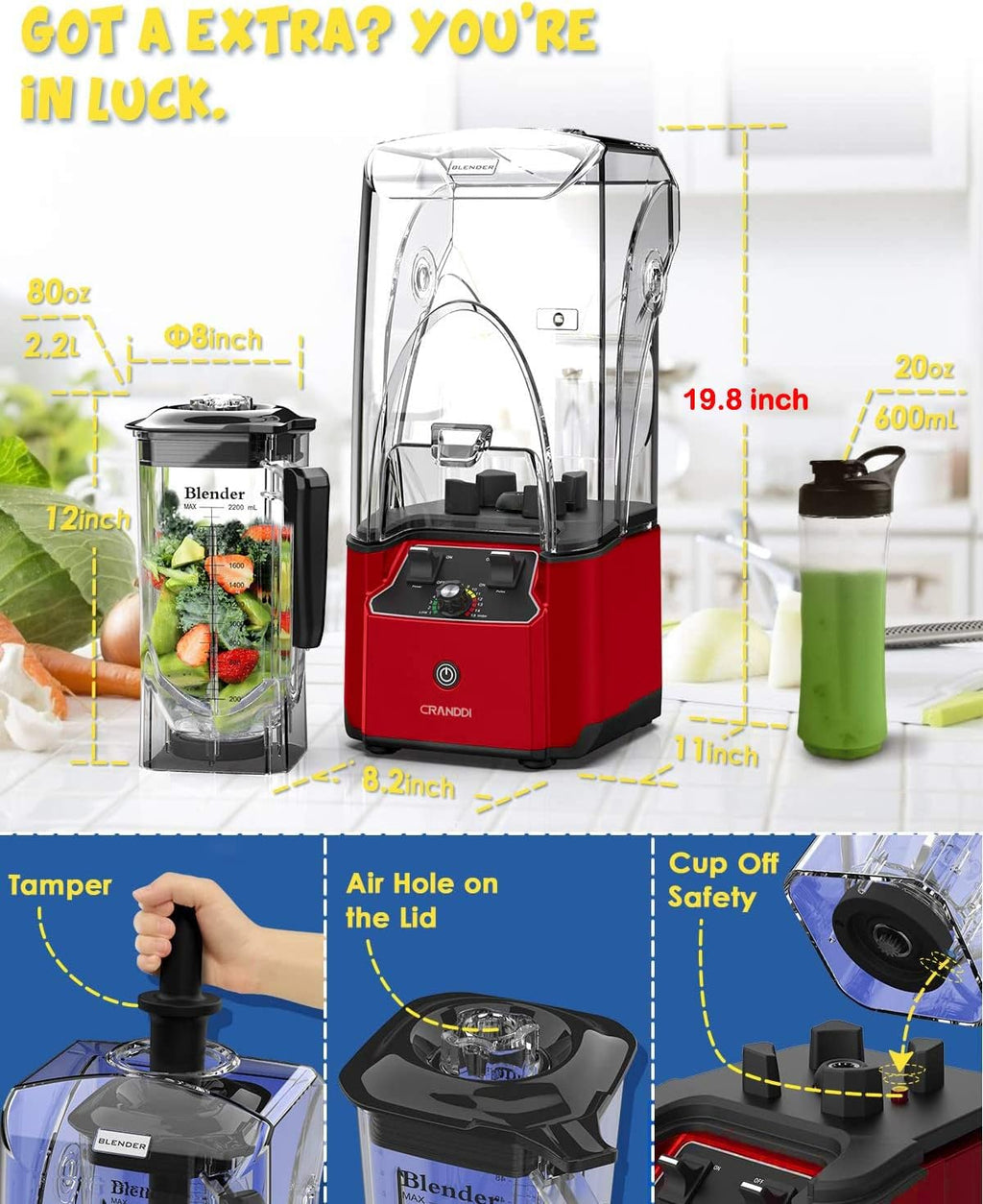 Quiet Commercial Blender with Soundproof Shield, 2200 Watt Professional Blenders for Kitchen with 80oz Pitcher and
