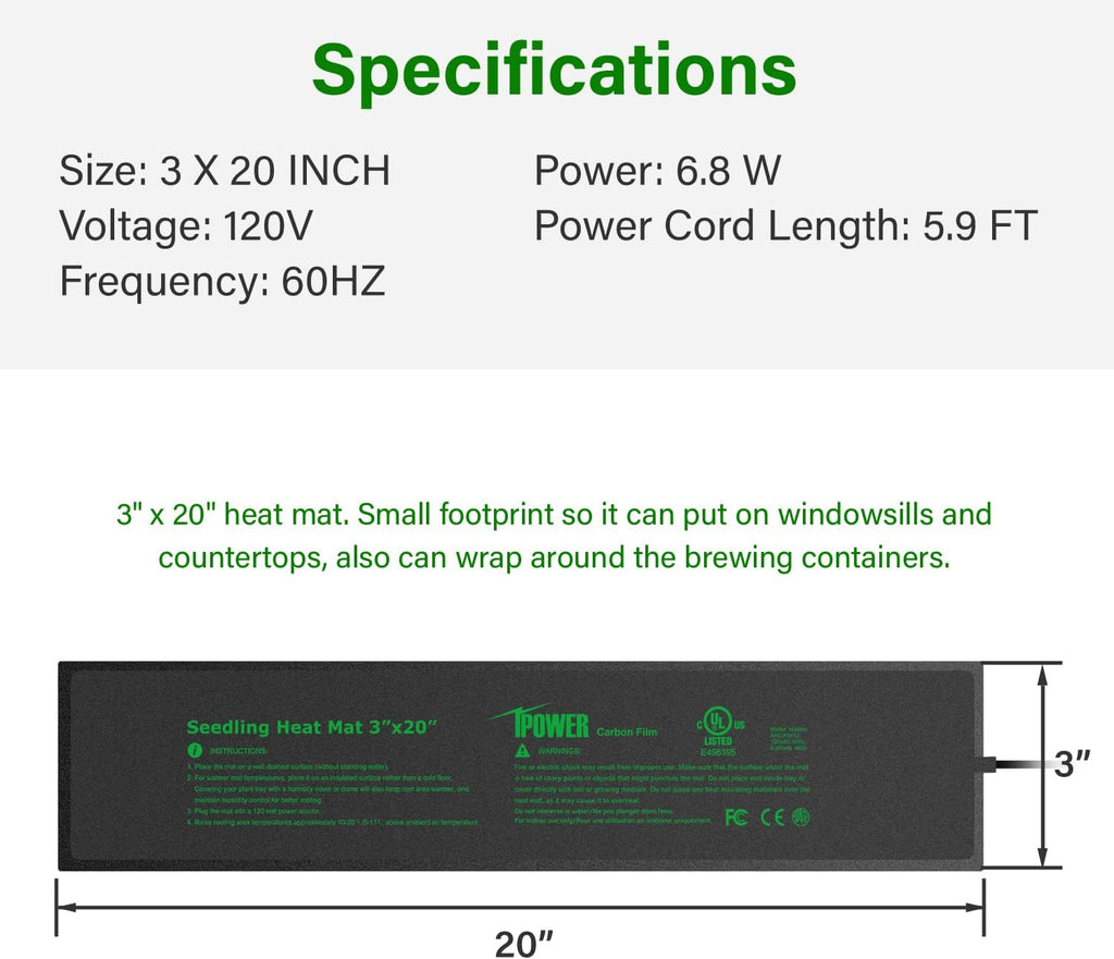 3" x 20" Seeding Heat Mat with Thermostat Temperature Adjustable Knob Durable Warm Hydroponic Plant Germination