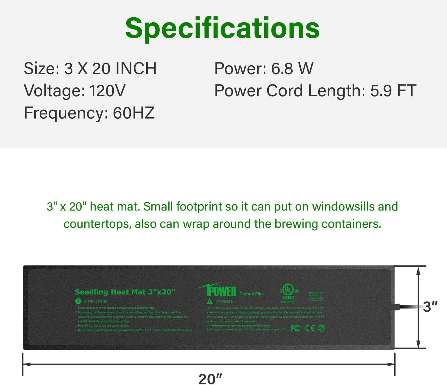 3" x 20" Seeding Heat Mat with Thermostat Temperature Adjustable Knob Durable Warm Hydroponic Plant Germination