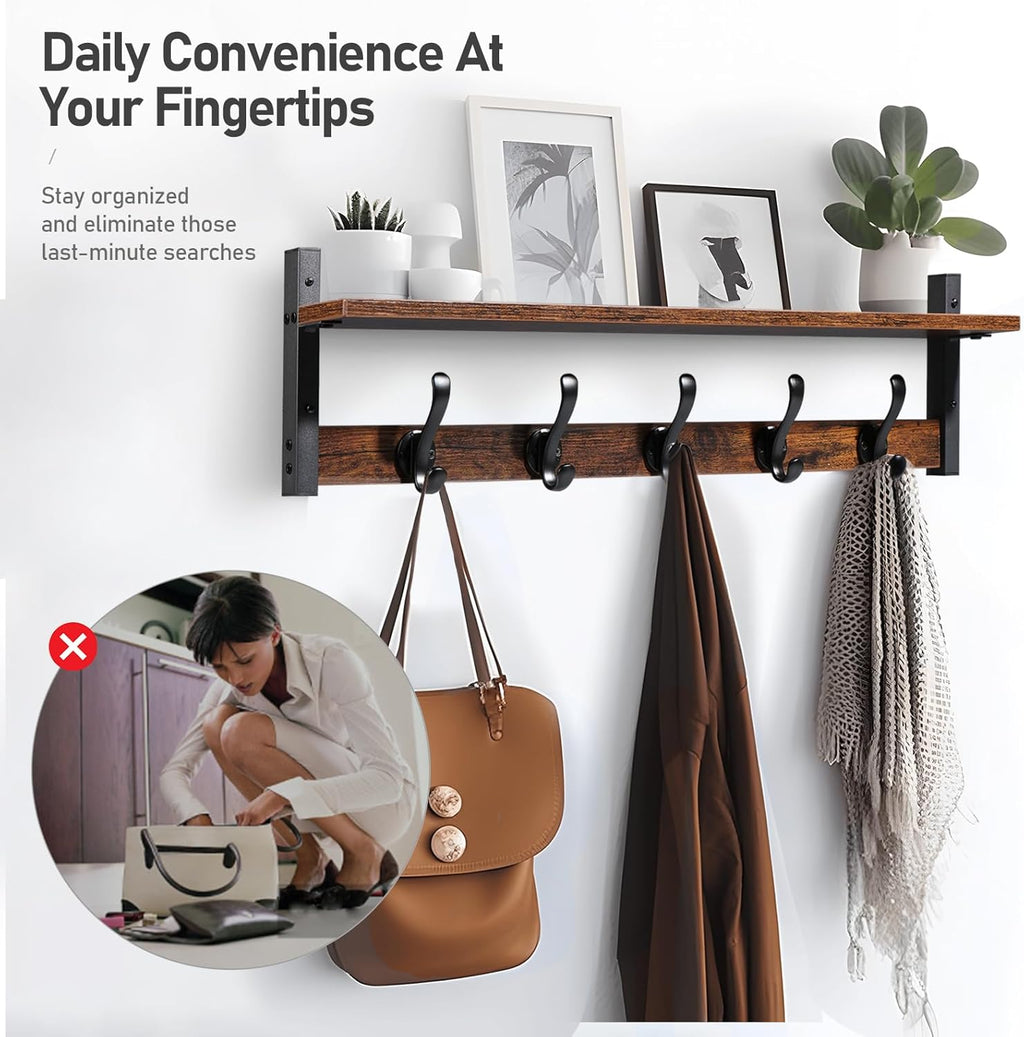 29" Rustic Coat Rack Wall Mount with Shelf, Entryway Wall Hooks with Shelf, Coat Hangers for Bathroom, Living Room