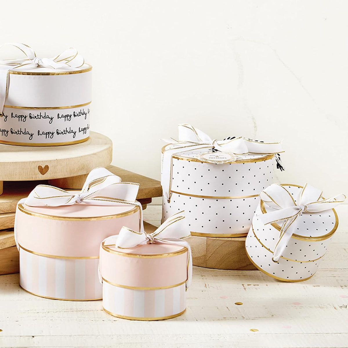 Gift Wrap Co. Nested Gift Box 2-Piece Set Round Designer Boxes with Lids, Large and Small, Pink Stripes