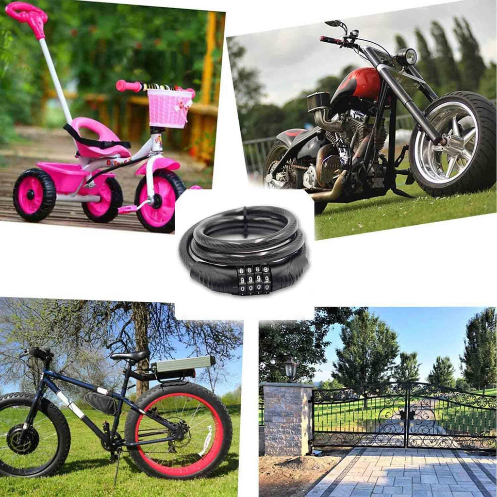 Long Coiled Security Resettable Combination Bike Cable 4 Digit Lock, Anti-Theft Accessories for Mountain and Road