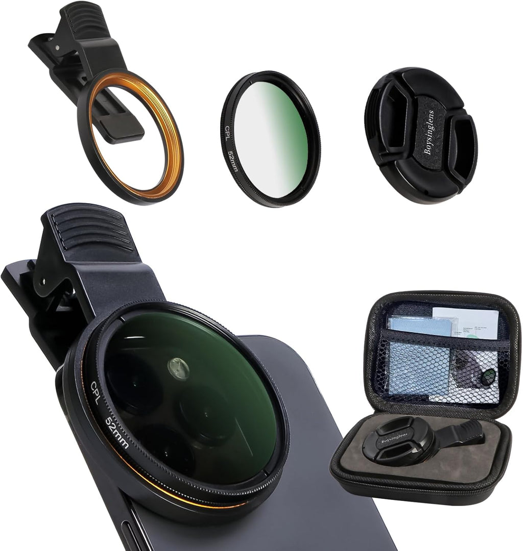 52MM Circular Polarizer Filter, Ultra Slim Multi-Coated CPL Lens Filter, Clip-on Phone Camera Filter Kit, Compatible