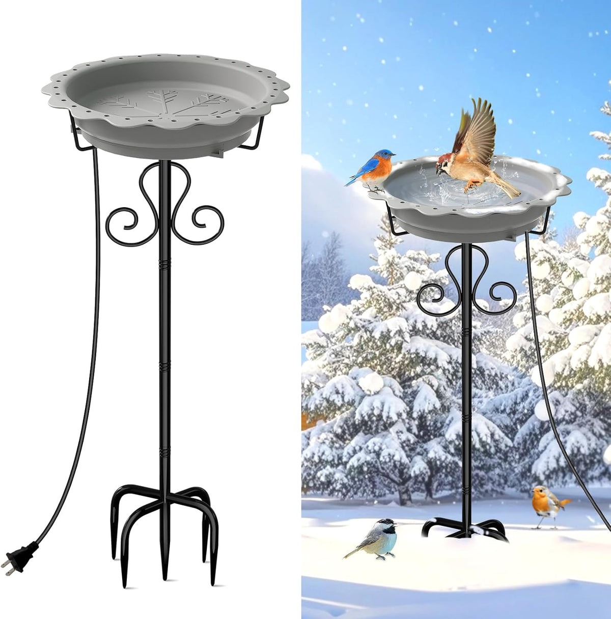 Heated Bird Baths for Outdoors, 100W Heated Birdbath Outside Winter, Gray