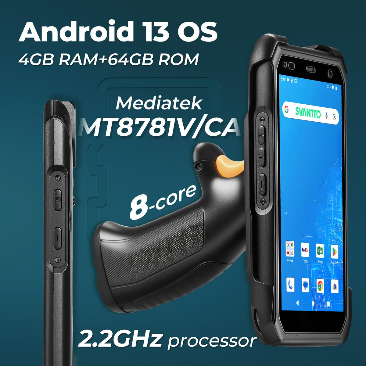 Android 13 Barcode Scanner with Handle Grip, 1D/2D, 4+64GB, NFC