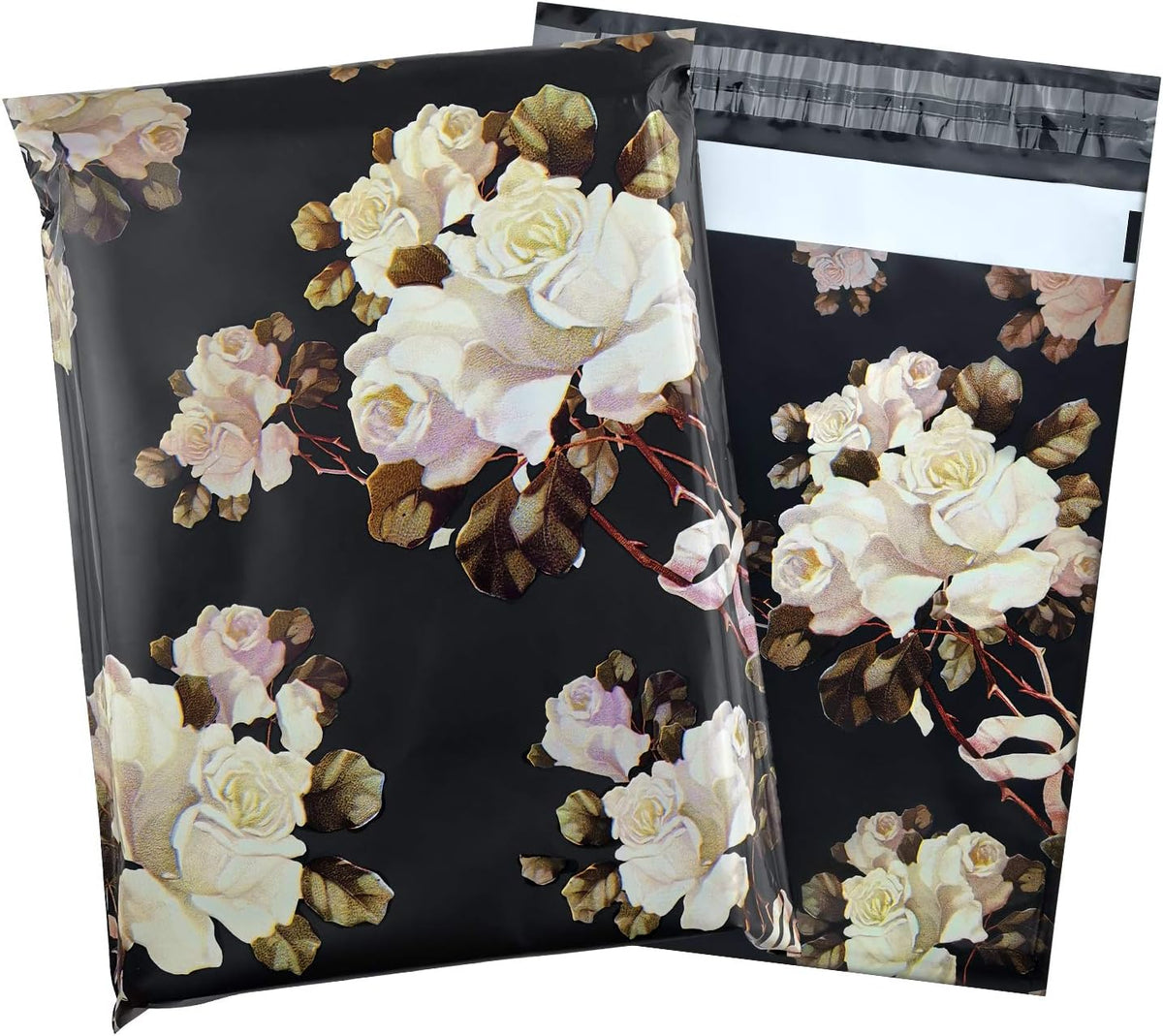 10X13 (100 Pack) Floral Pattern Poly Mailer Envelope Plastic Custom Mailing & Shipping Bags - Self Seal (White Rose)