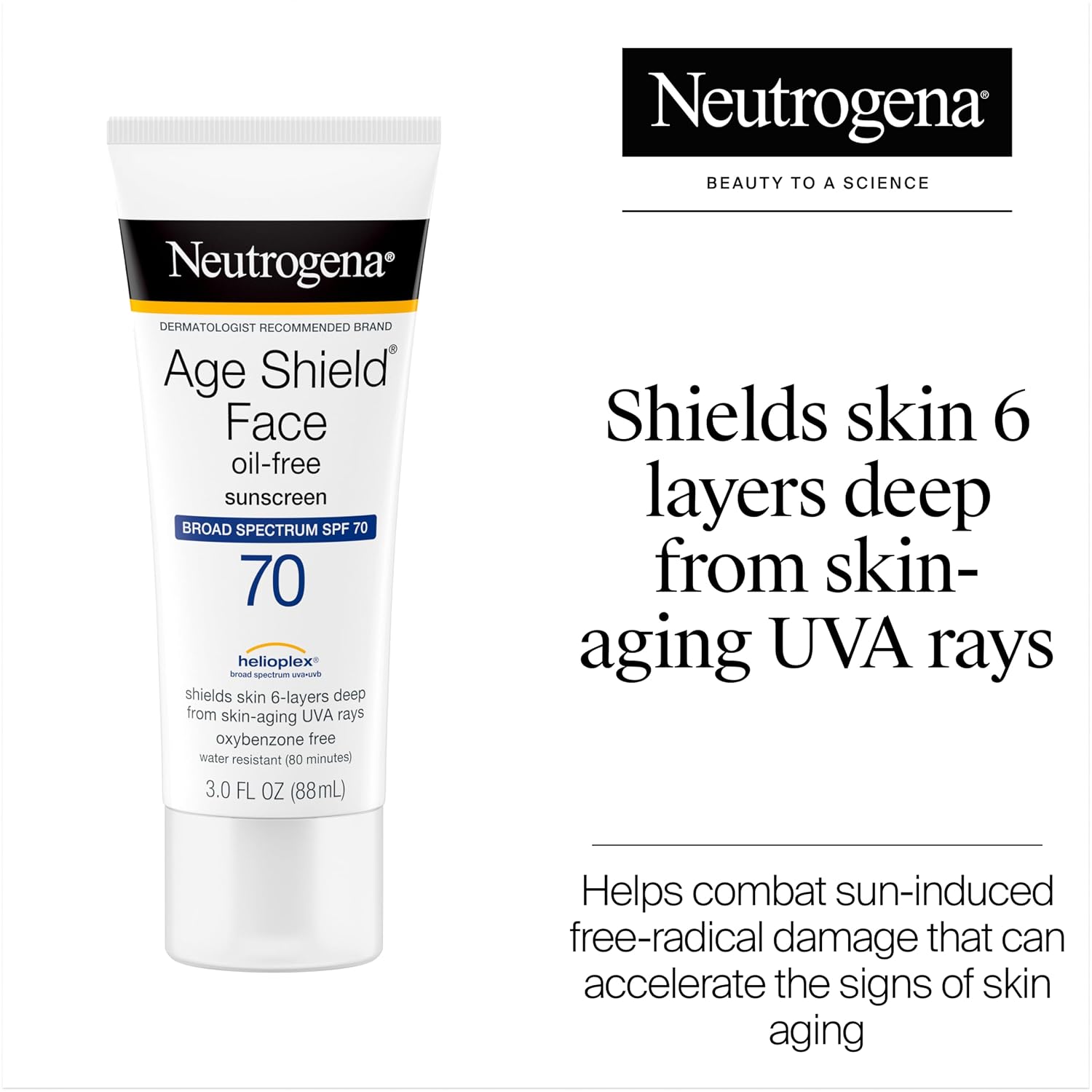 Neutrogena Age Shield Face Oil-Free Sunscreen Lotion with Broad Spectrum SPF 70, Non-Comedogenic Moisturizing