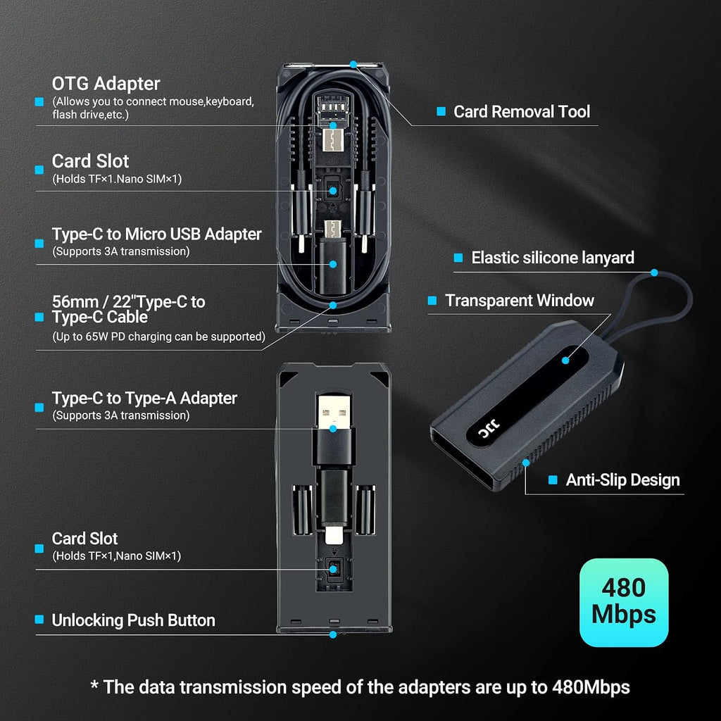 5 in 1 Data Cable Adapter Travel Kit,Data Transfer Cable Storage with Micro USB Type-A OTG Adapter,1.8ft Data Charger