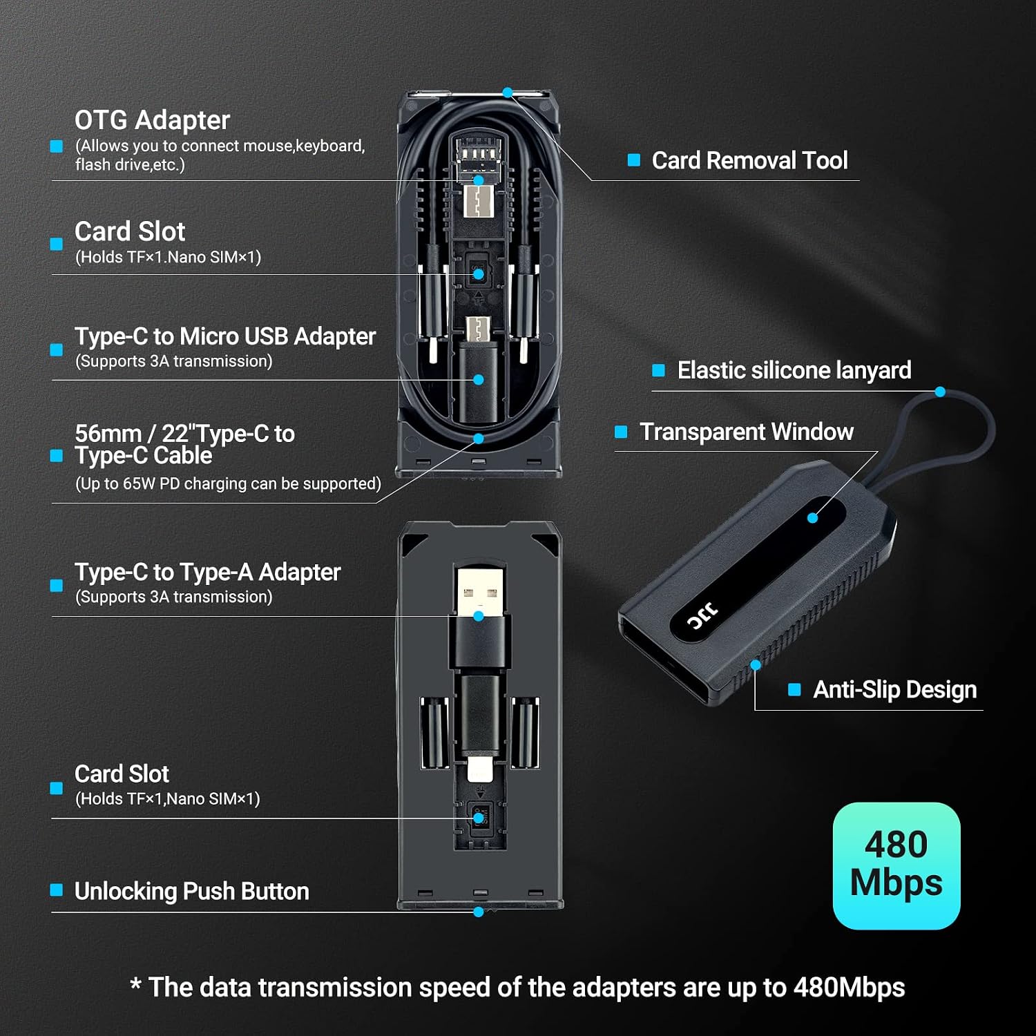 5 in 1 Data Cable Adapter Travel Kit,Data Transfer Cable Storage with Micro USB Type-A OTG Adapter,1.8ft Data Charger