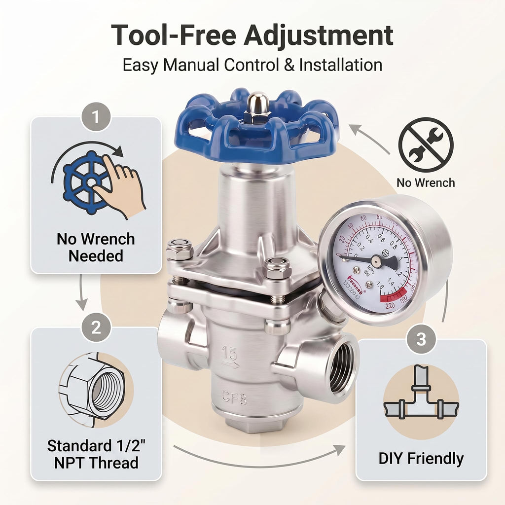 Valquave Water Pressure Regulator, 1/2 Inch Pressure Reducing Valve