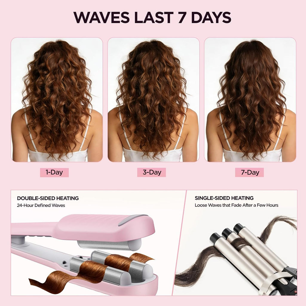 Hair Crimper with 3 Barrels, Curling Iron for Beach Waves | 100-240V~ Hair Waver 500M Negative Ions, Hair Curler for