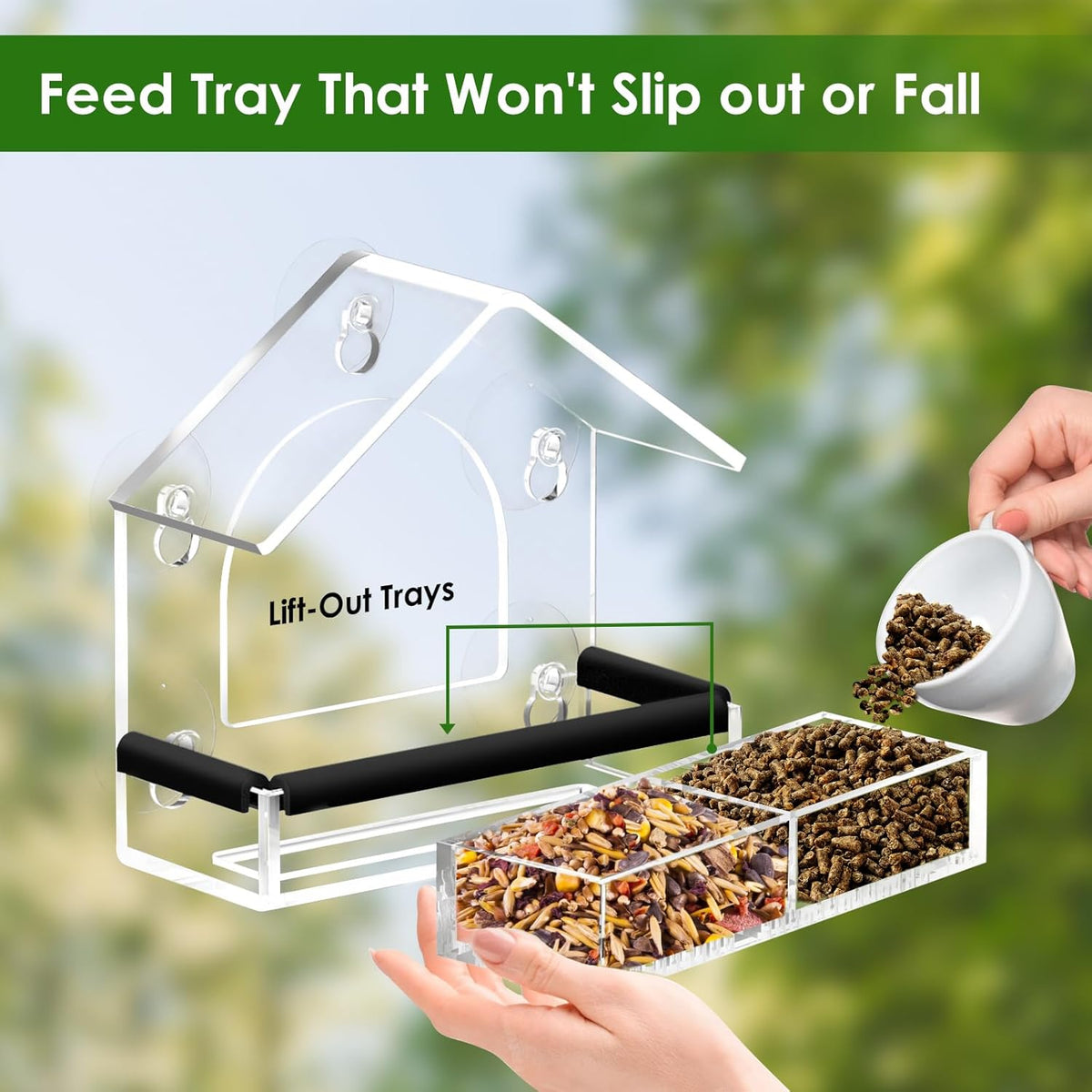 Clear Window Bird Feeder with 5 Extra Strong Suction Cups, DY-SKTY Sturdy and Durable Acrylic Birdfeeders for Viewing