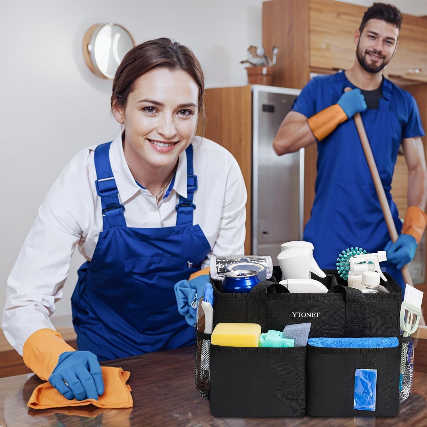 Cleaning Caddy, Water Resistant Cleaning Supplies Organizer with Handle & Foldable Divider for Cleaners, Housekeeping