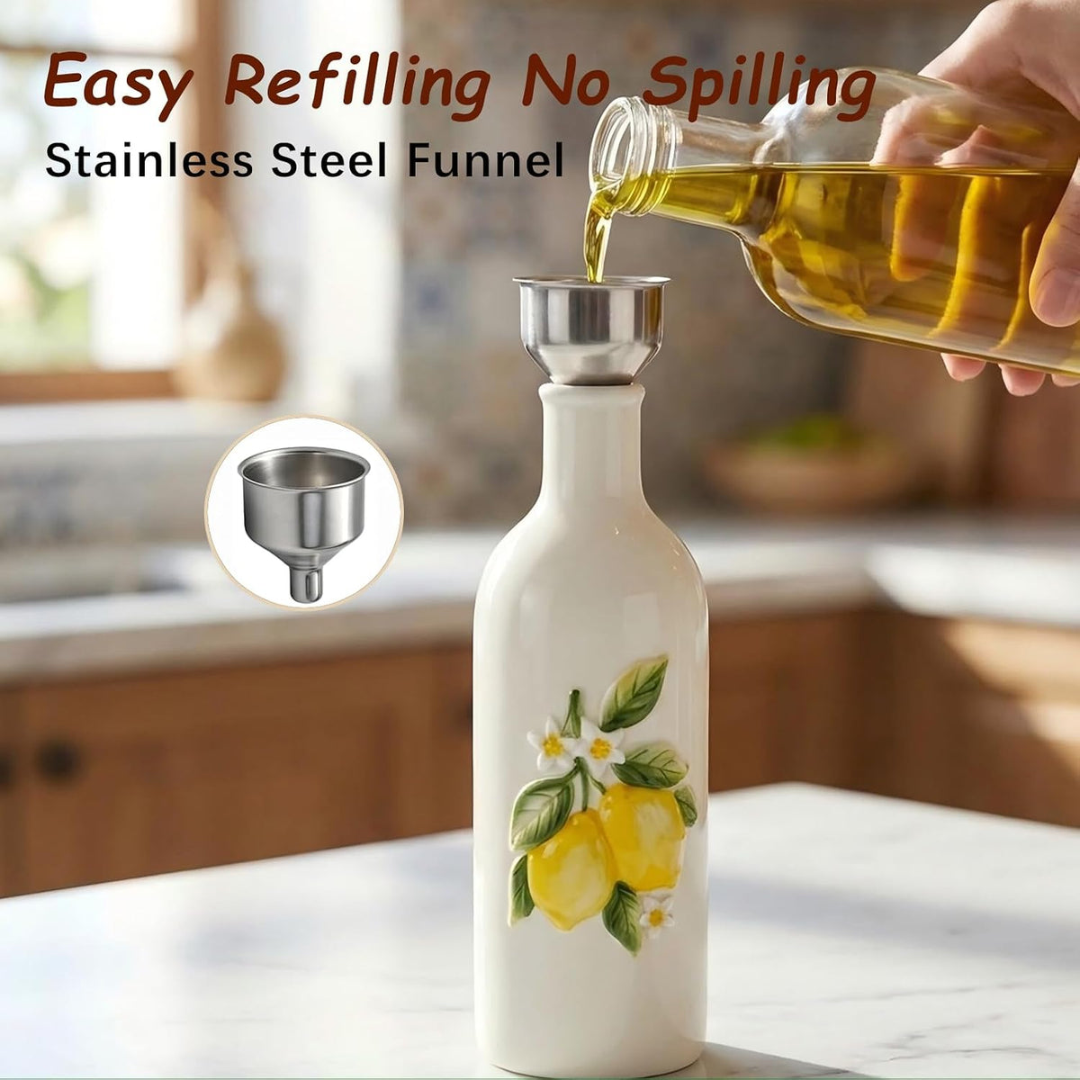 Ceramic Olive Oil Dispenser Bottle with Spout, 18 OZ, Lemon