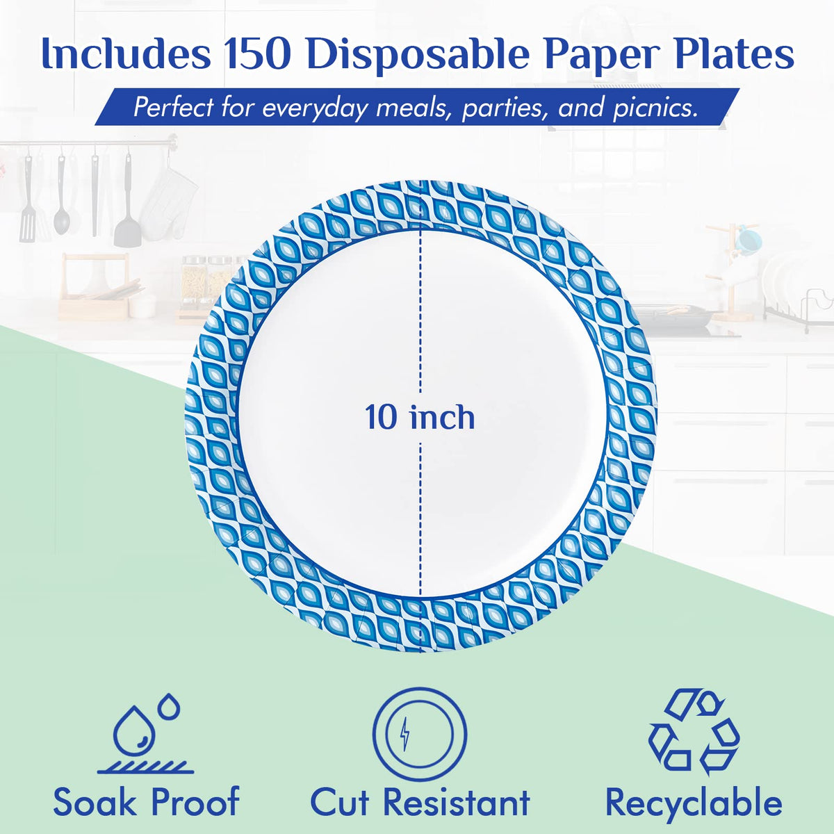 10 Inch Printed Paper Plates, 150 Count Disposable Plates Bulk