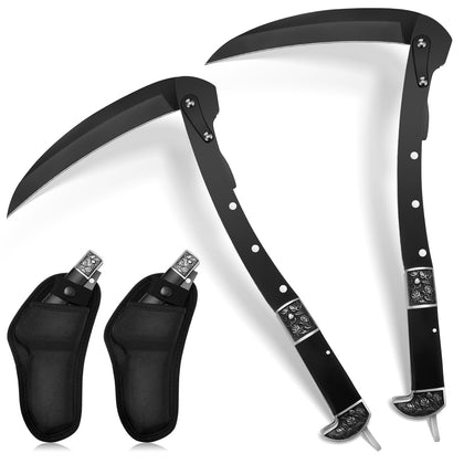 2 Pcs Black Sharp Folding Sickle 14.6 inch Grass Hand Sickle Knife Wooden Handle Portable Safety Manual Sickle Garden