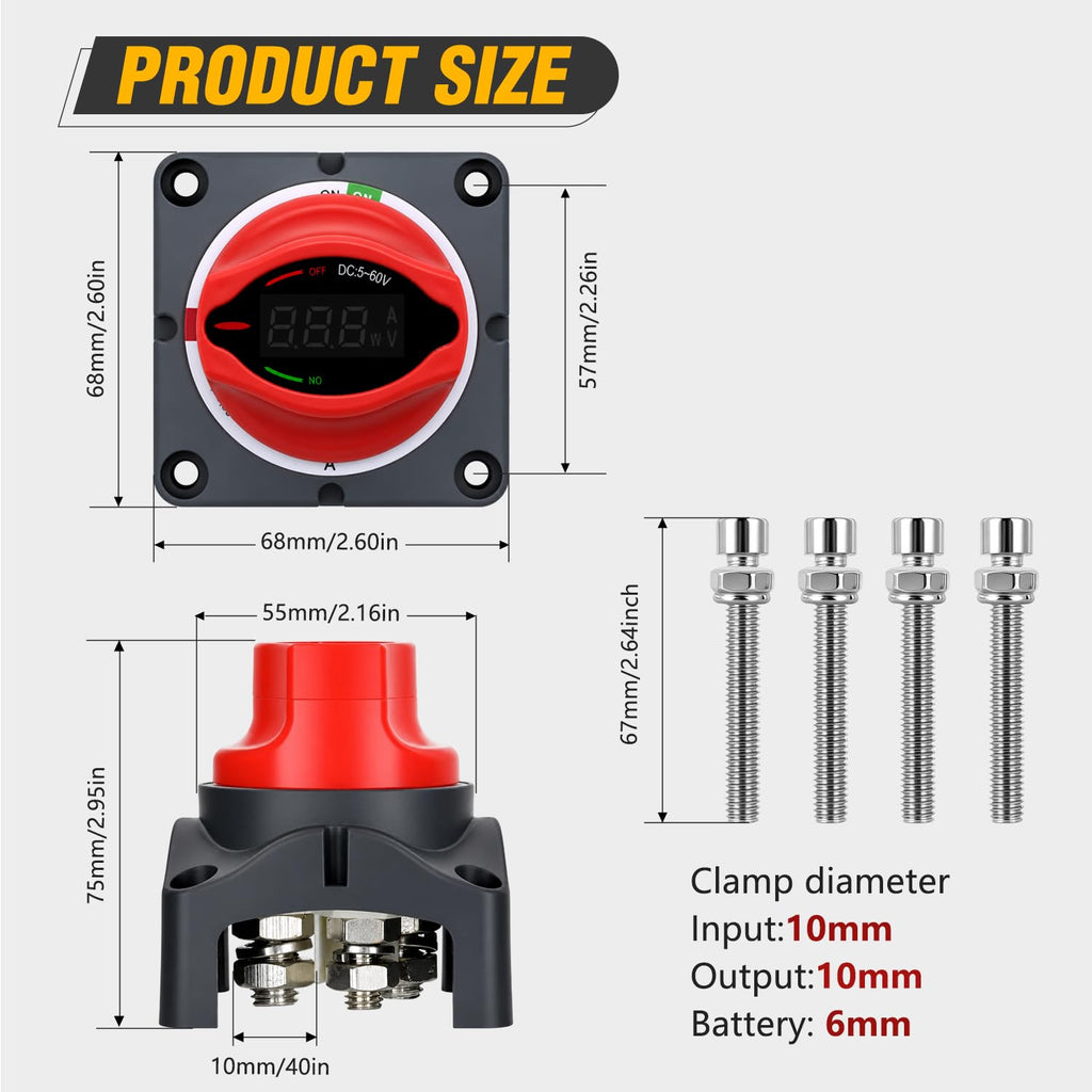 Nilight 250A Battery Disconnect Switch 12V-48V with LED Voltage Display