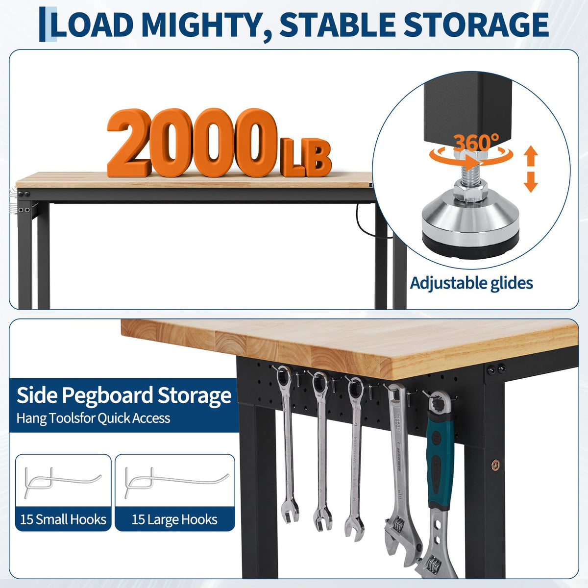 48 x 24 Inch Workbench, 6-Level Adjustable Height, 2000 lb Load Capacity, with Solid Rubberwood Top, ETL Power