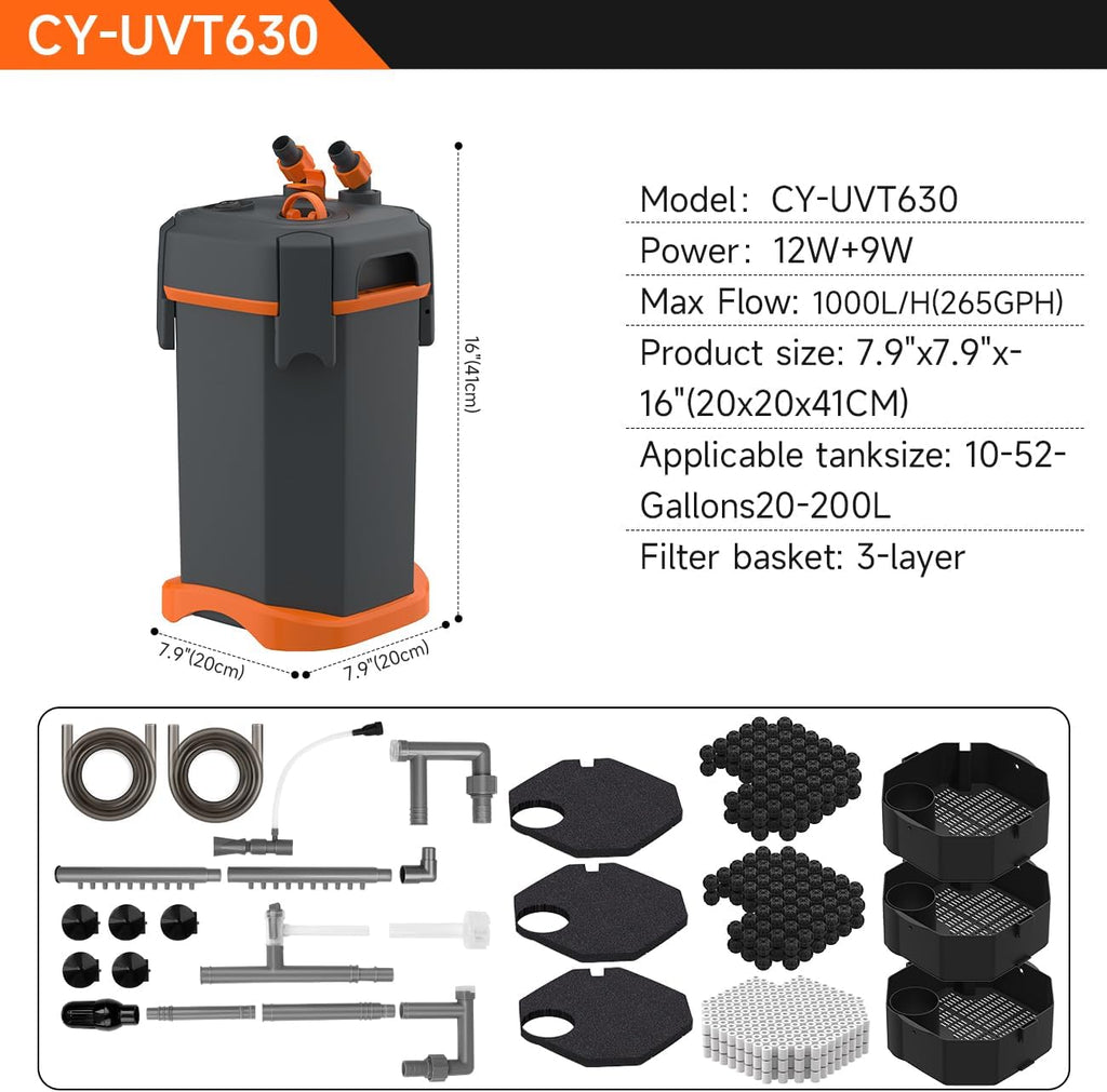 External Canister Filter, Ultra‑Quiet Aquarium Filter with Complete Filter Media, Freshwater & Saltwater for 29‑40
